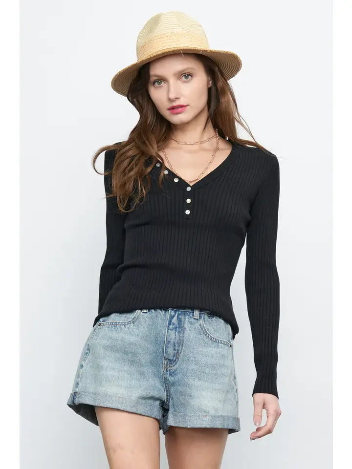 V Neck Ribbed Knit Top