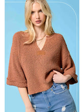 Load image into Gallery viewer, Roll Up Sleeve Round Notched Neckline Sweater