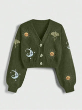 Load image into Gallery viewer, Sun Moon Embroidered V Neck Button Knit Cardigan