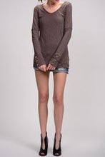 Load image into Gallery viewer, Three button cuff long sleeve V-neck T-shirt in toast.  Front view.