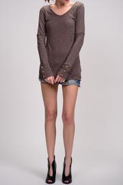 Three button cuff long sleeve V-neck T-shirt in toast.  Front view.